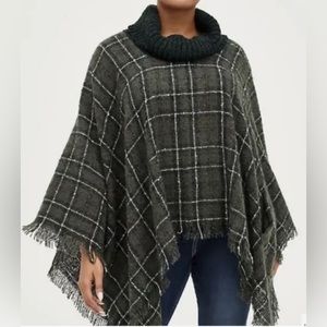 Torrid Women's Green Plaid Cowlneck Knit Poncho Shawl with Pockets, One Size NEW